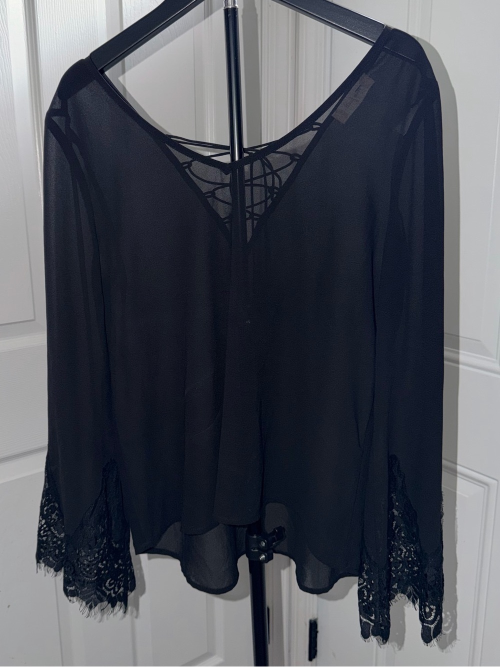 Altar’d State Black Sheer Lace-Trim Blouse with Lace-Up Back